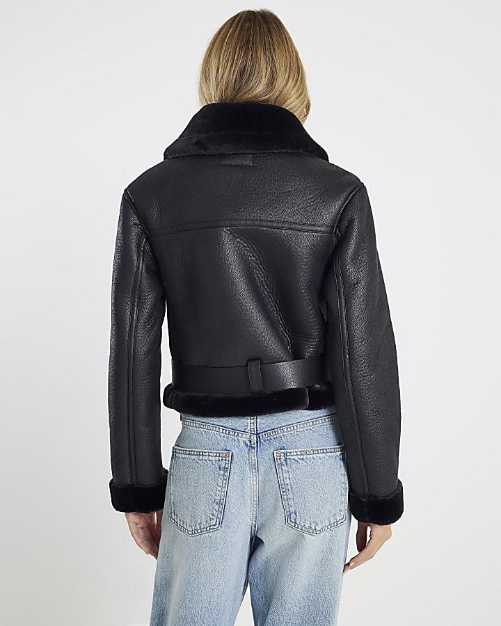 River Island Black Belted Crop Aviator Jacket