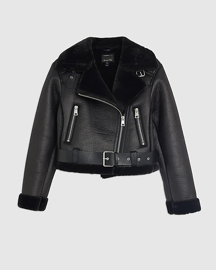 river island Black Belted Crop Aviator Jacket