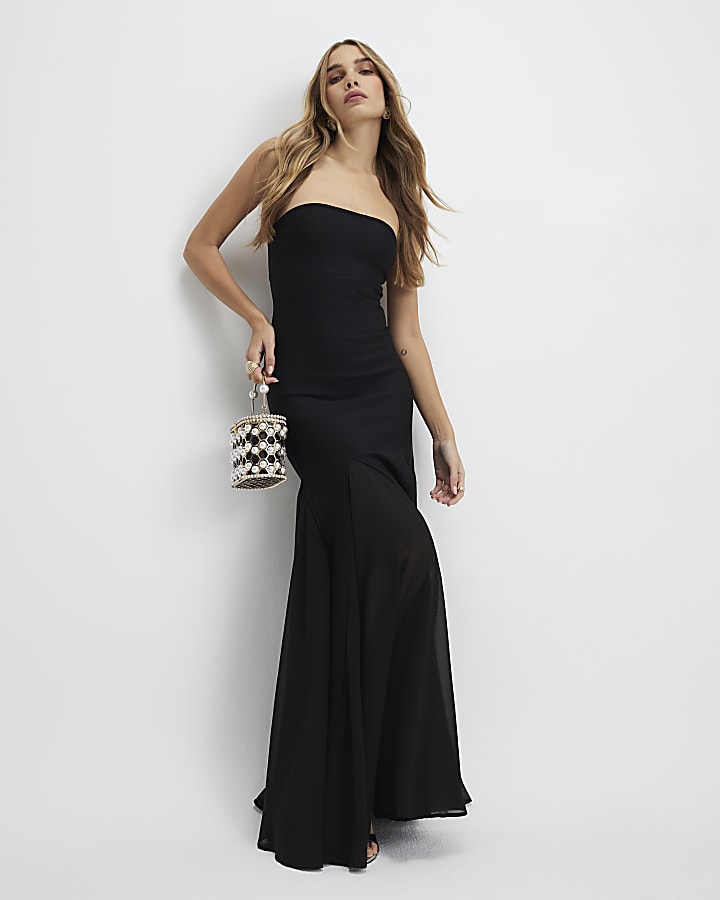 River Island Black Bodycon Godet Skirt Maxi Dress