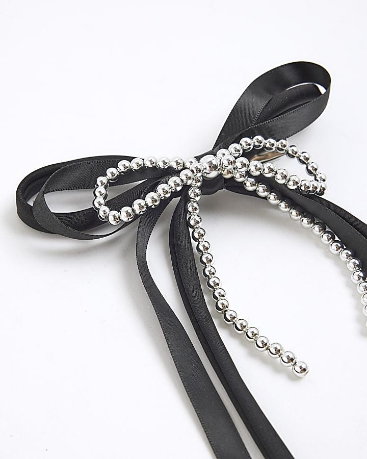 River Island Black Bow Beaded Hair Barrette