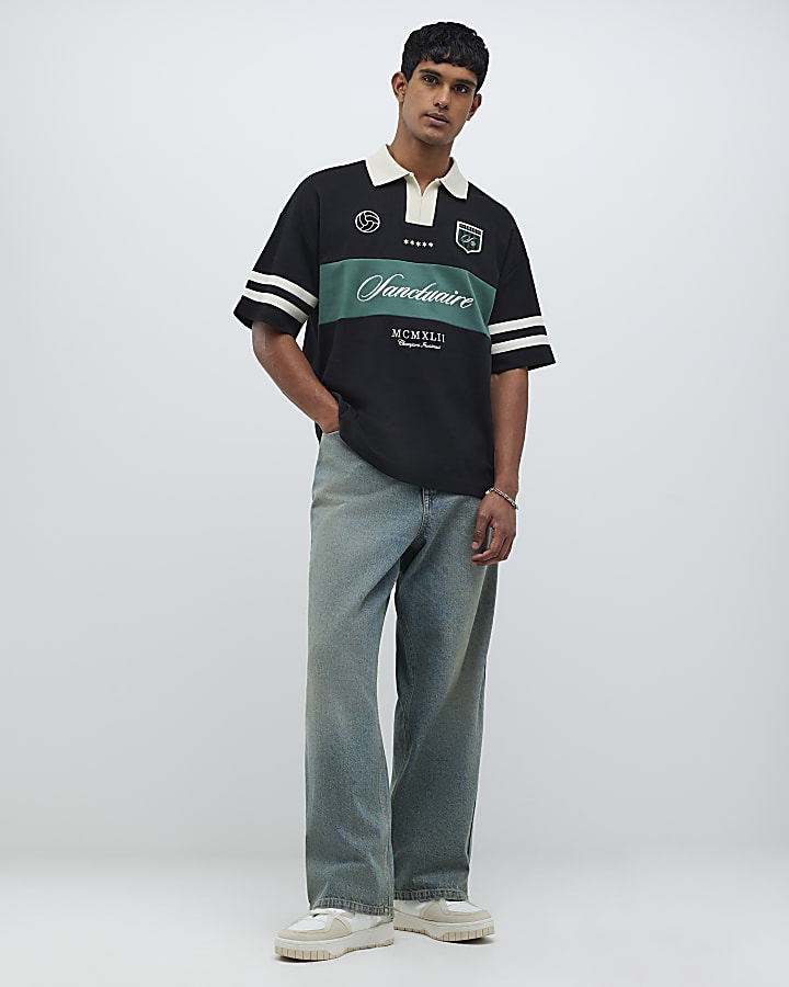 River Island Black Boxy Fit Football Polo Shirt