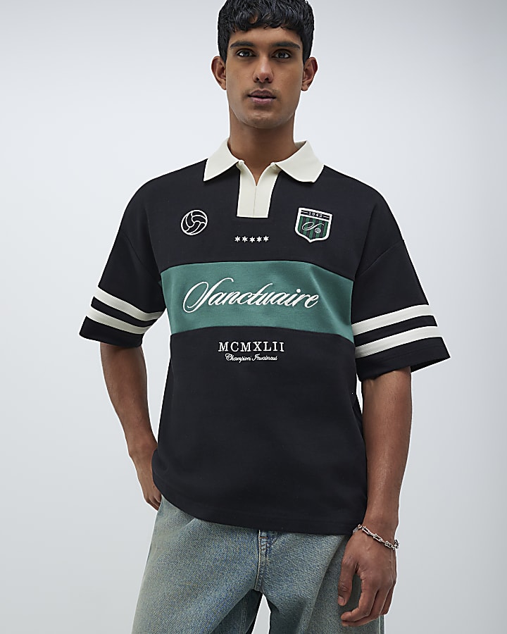 River Island Black Boxy Fit Football Polo Shirt