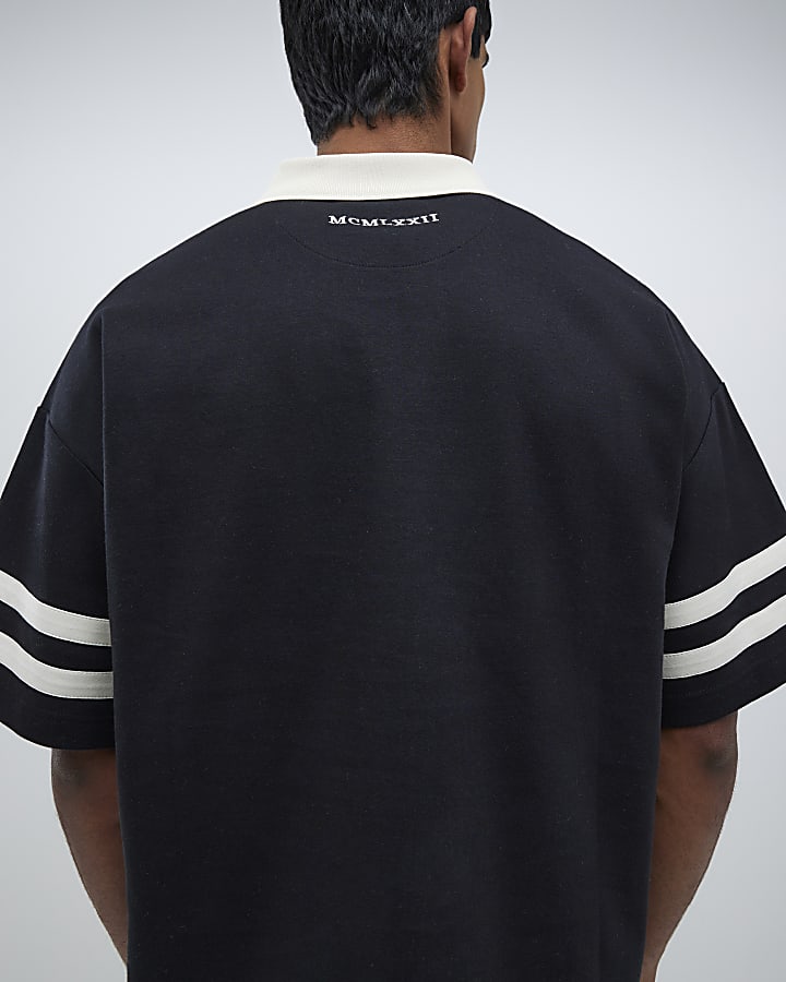 River Island Black Boxy Fit Football Polo Shirt