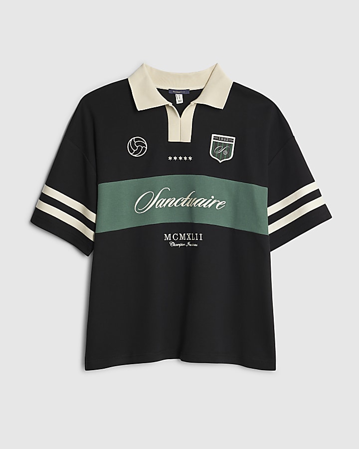 river island Black Boxy Fit Football Polo Shirt