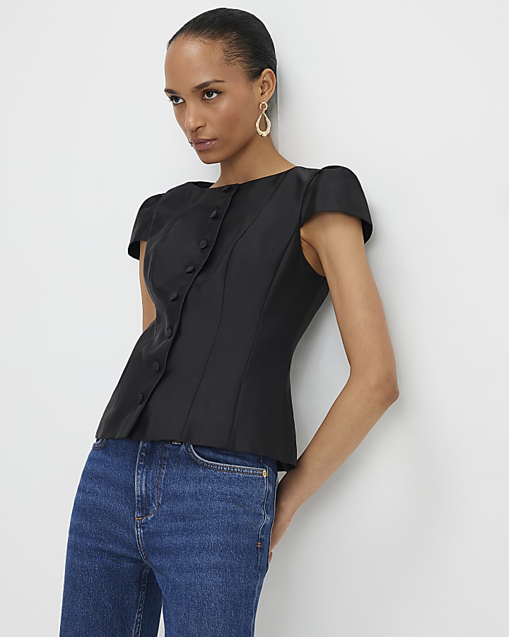 River Island Black Button Puff Sleeve Top