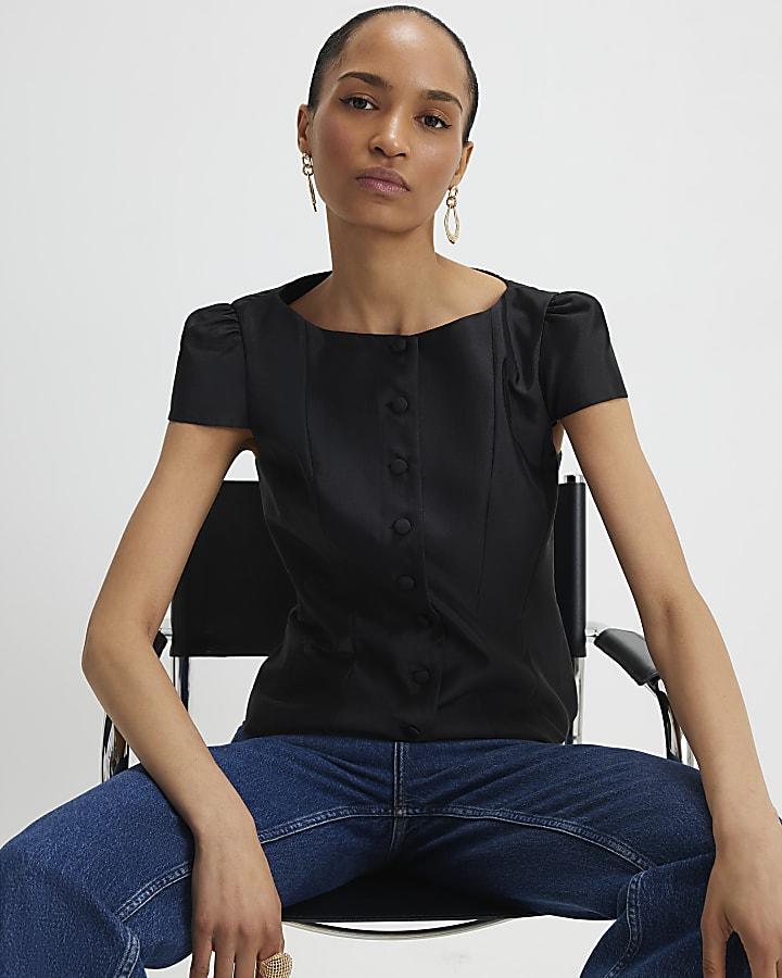 River Island Black Button Puff Sleeve Top