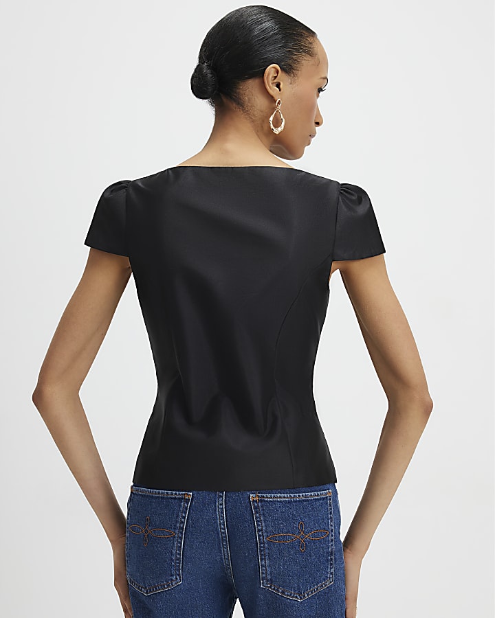 River Island Black Button Puff Sleeve Top