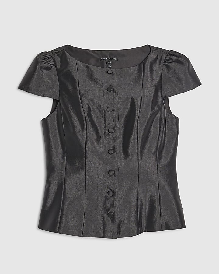 river island Black Button Puff Sleeve Top