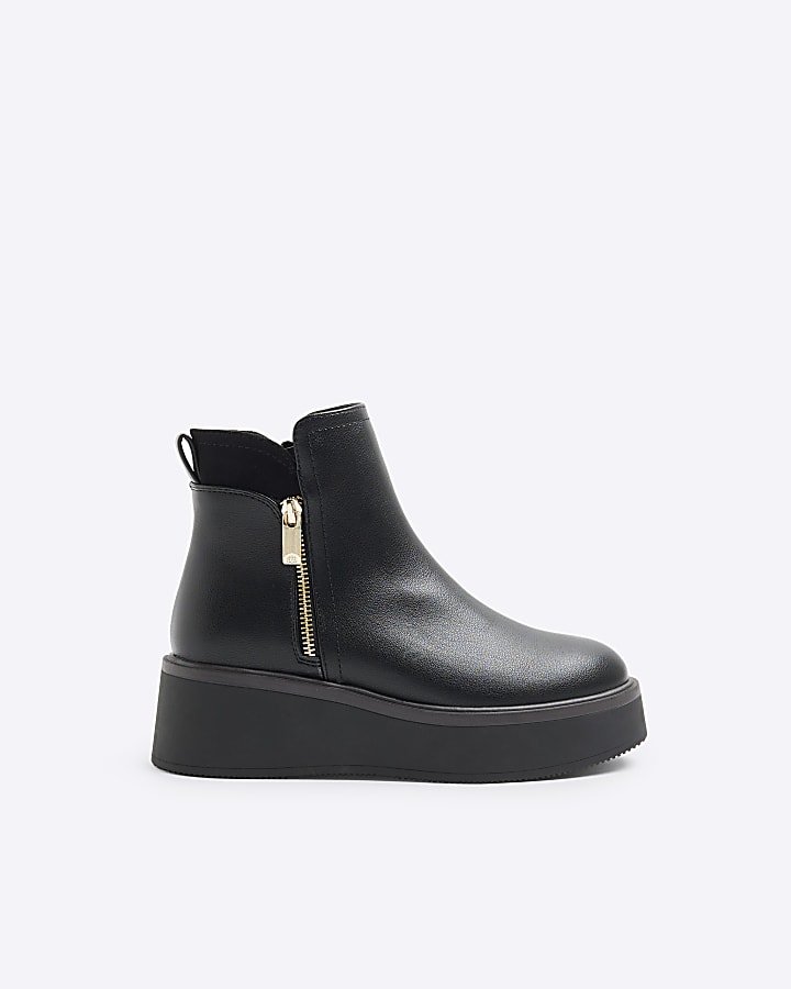 River Island Black Chunky Wedge Ankle Boots