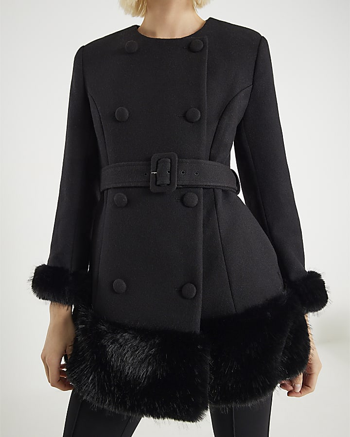 River Island Black Collarless Faux Fur Trim Coat