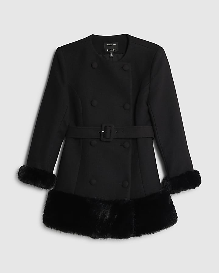 river island Black Collarless Faux Fur Trim Coat