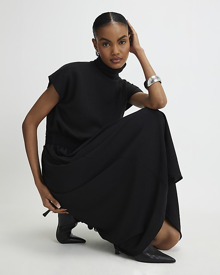 River Island Black Cosy Hybrid Midi Dress