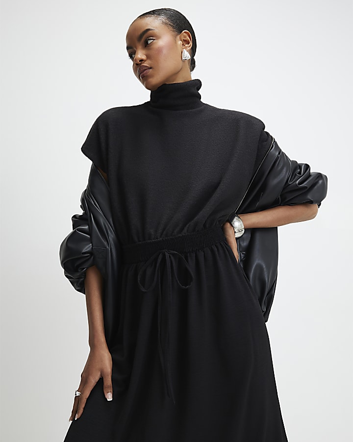 River Island Black Cosy Hybrid Midi Dress