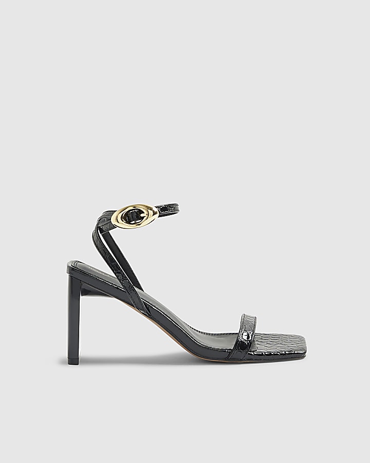 River Island Black Croc Print Block Heel Sandals