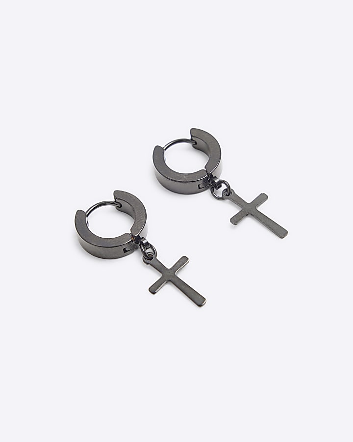 River Island Black Cross Drop Hoop Earrings
