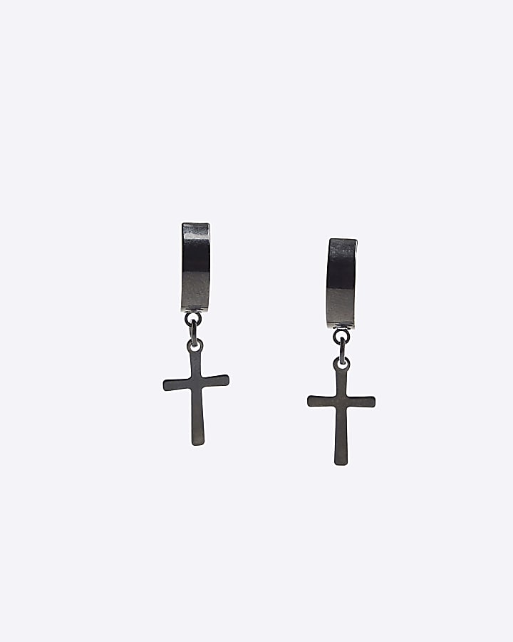 river island Black Cross Drop Hoop Earrings
