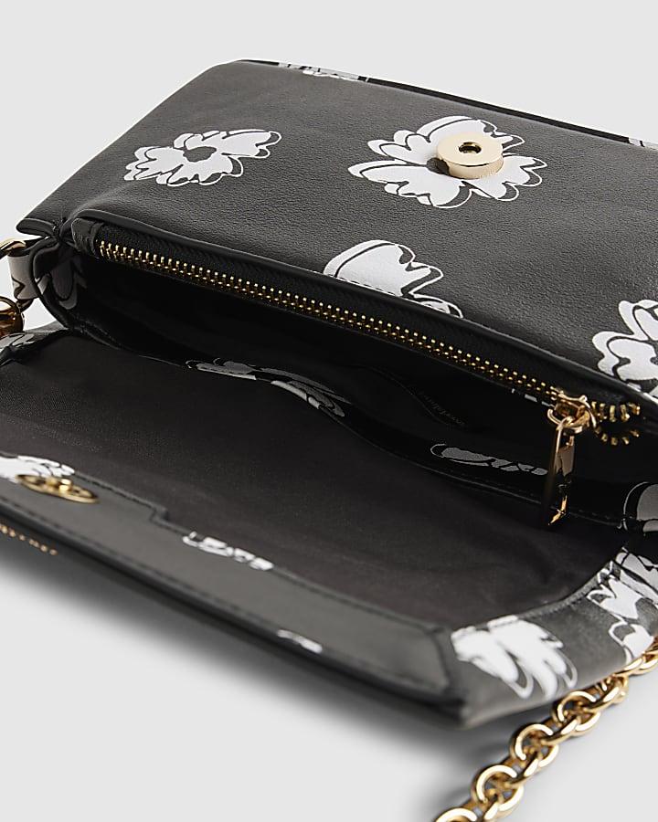 river island Black Daisy Print Cross Body Bag