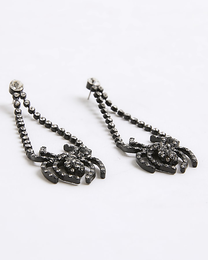 river island Black diamante spider drop earrings