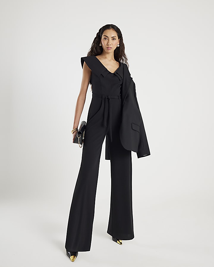 River Island Black Double Collar Belted Jumpsuit