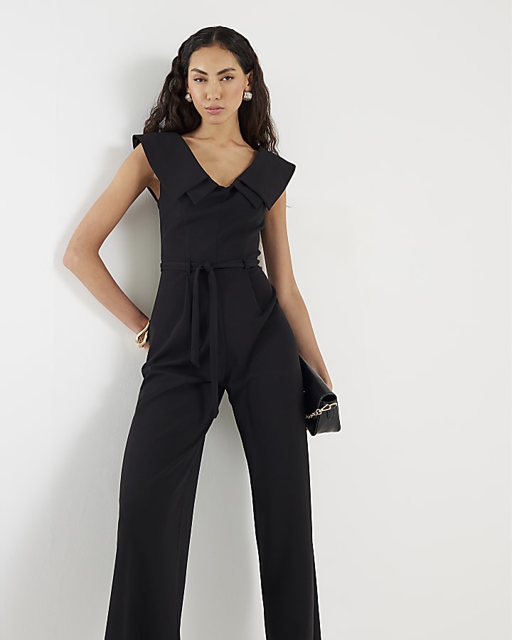 River Island Black Double Collar Belted Jumpsuit