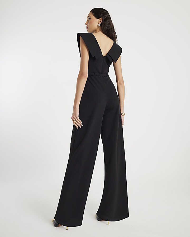 River Island Black Double Collar Belted Jumpsuit