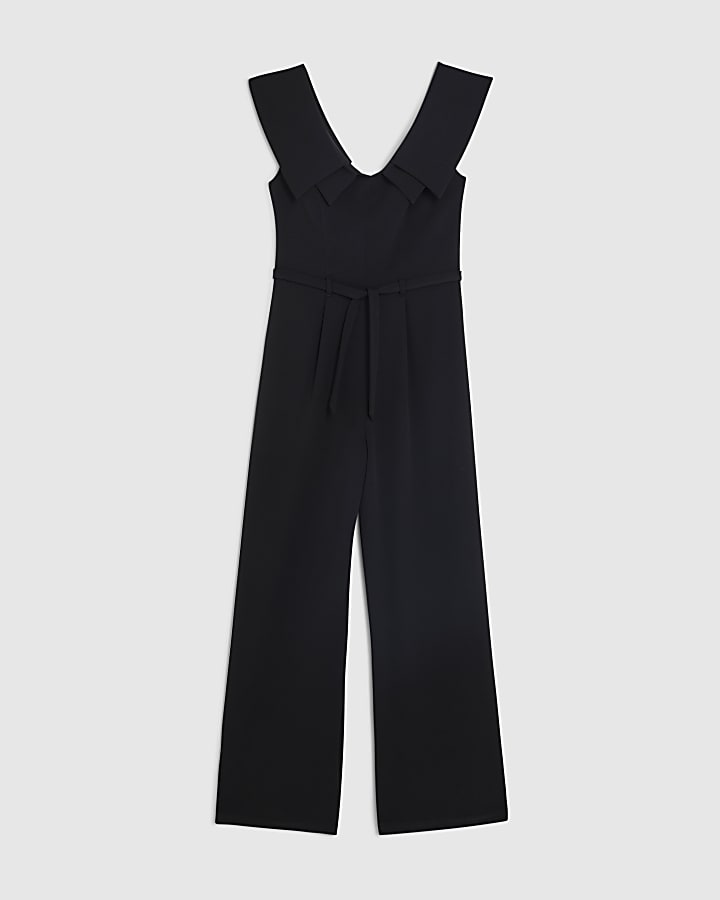 river island Black Double Collar Belted Jumpsuit