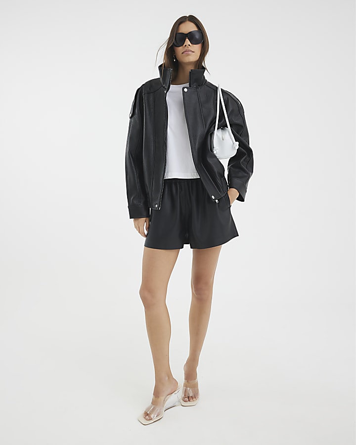 River Island Black Elasticated Faux Leather Shorts