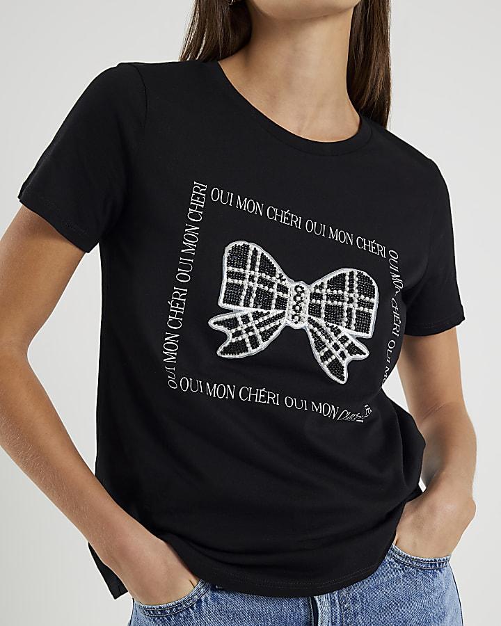 River Island Black Embellished Bow T-shirt
