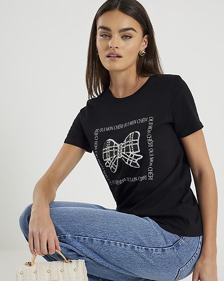 River Island Black Embellished Bow T-shirt
