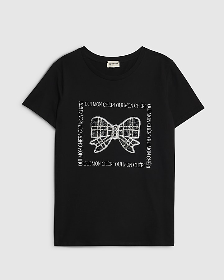 river island Black Embellished Bow T-shirt