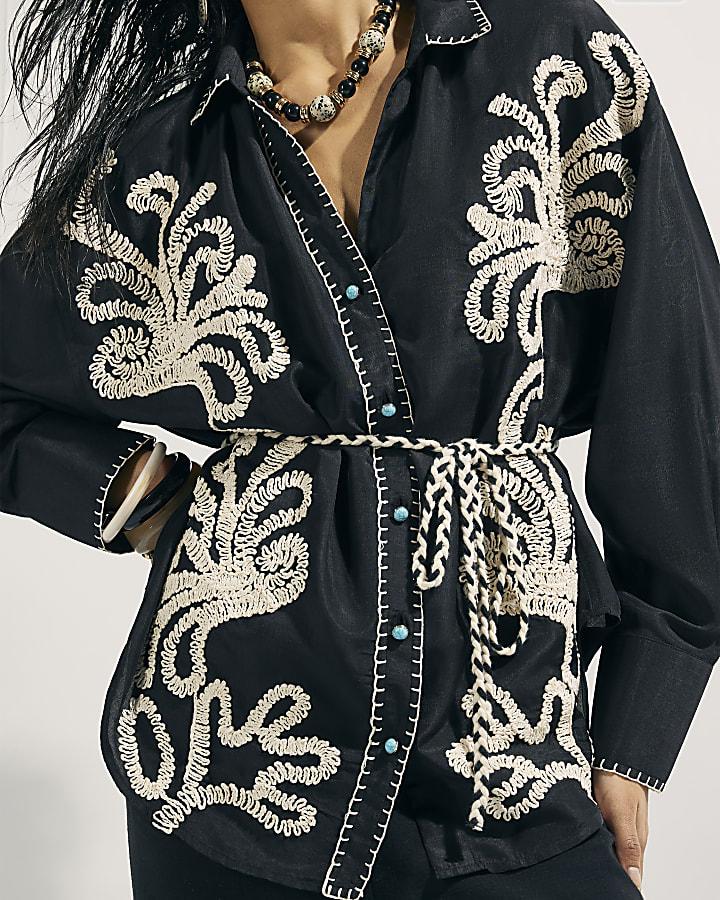 River Island Black Embroidered Beach Shirt