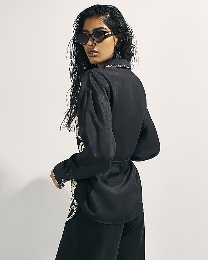 River Island Black Embroidered Beach Shirt