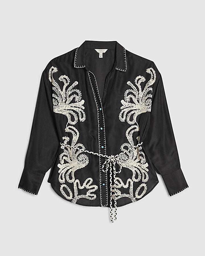 river island Black Embroidered Beach Shirt