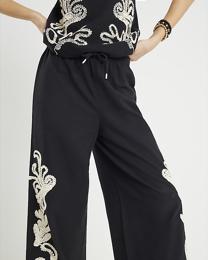 River Island Black Embroidered Wide Leg Trousers