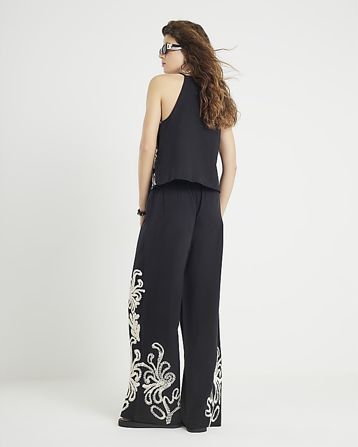 River Island Black Embroidered Wide Leg Trousers