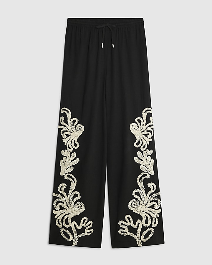 river island Black Embroidered Wide Leg Trousers