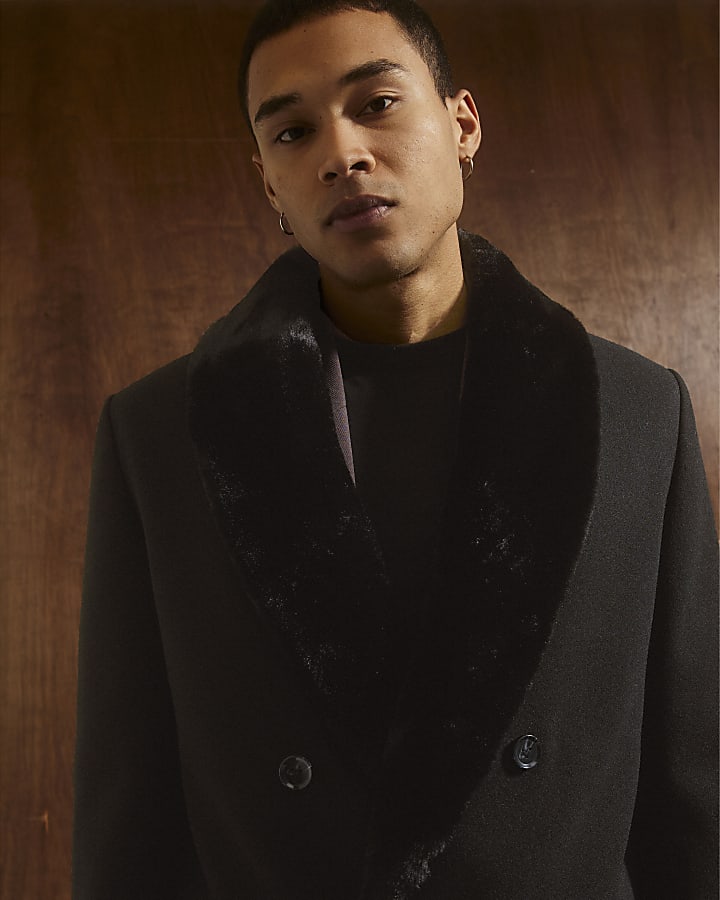 River Island Black Faux Fur Collar Coat
