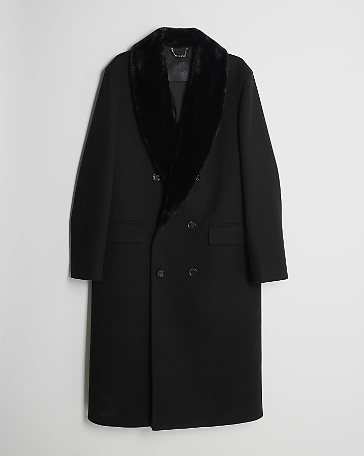 river island Black Faux Fur Collar Coat