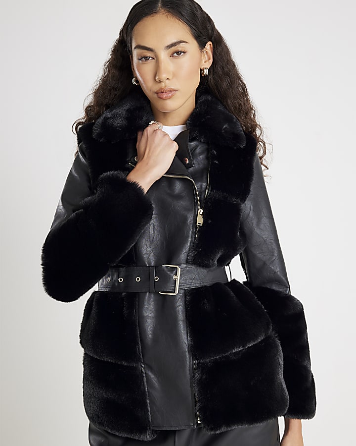 River Island Black Faux Fur Panelled Biker Jacket