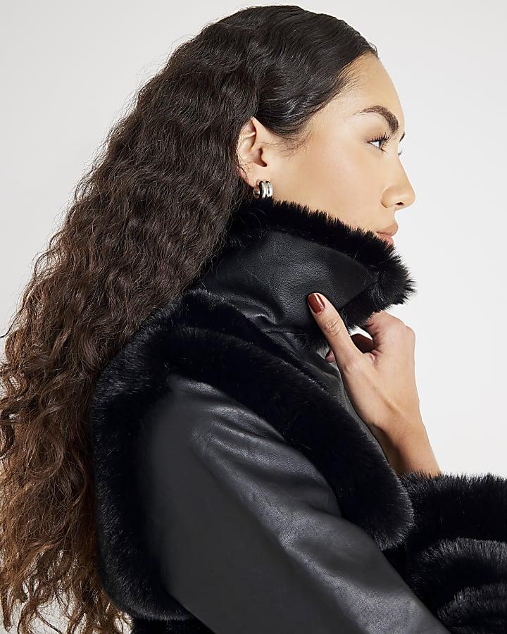 River Island Black Faux Fur Panelled Biker Jacket