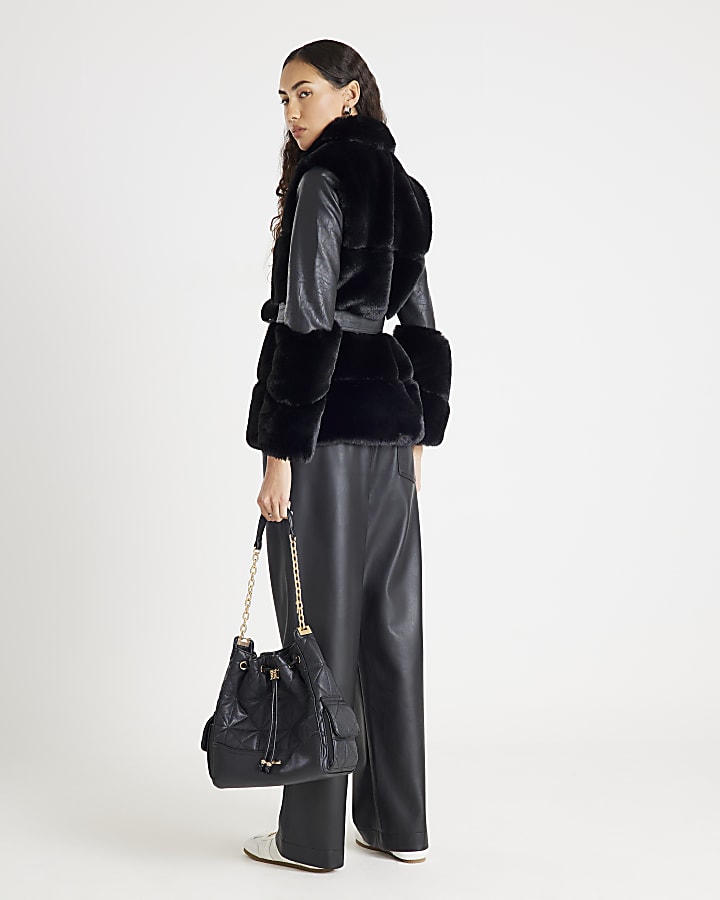 River Island Black Faux Fur Panelled Biker Jacket