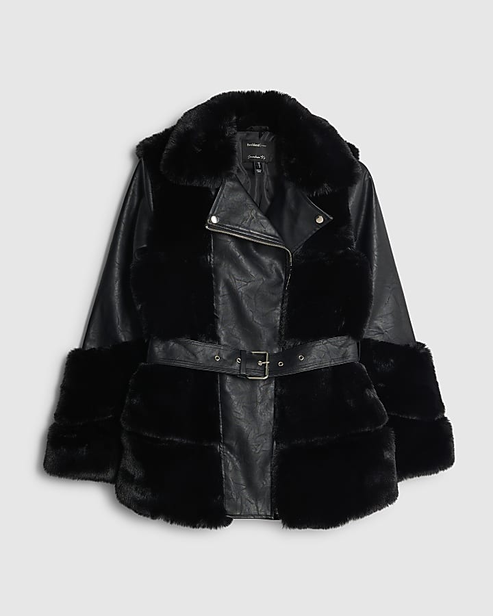 river island Black Faux Fur Panelled Biker Jacket