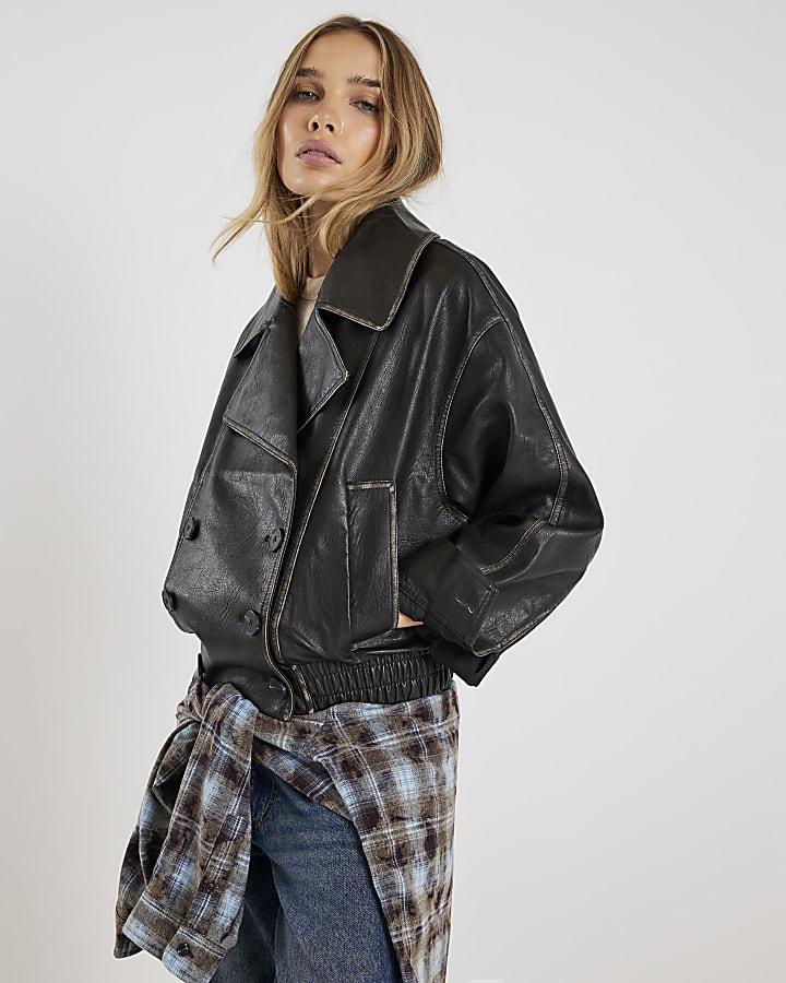 River Island Black Faux Leather Bomber Jacket