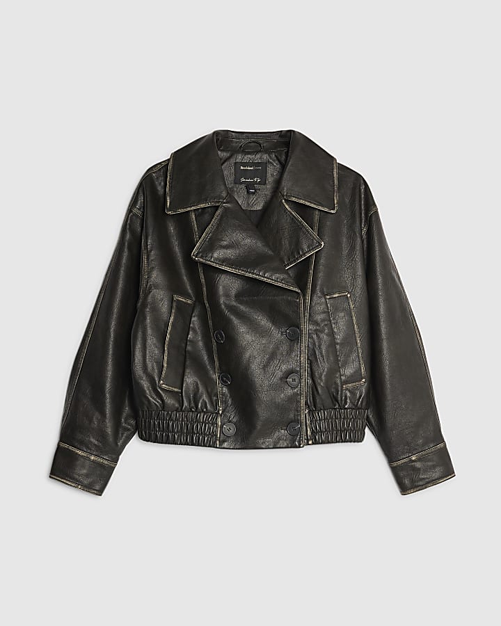 river island Black Faux Leather Bomber Jacket