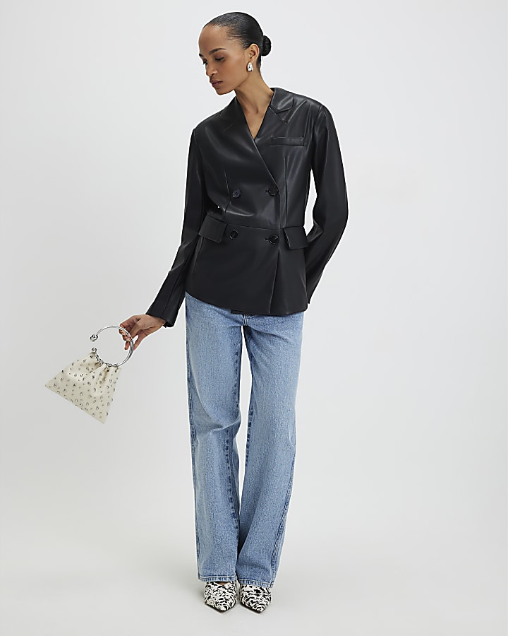 River Island Black Faux Leather Collarless Blazer