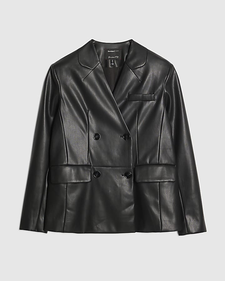 river island Black Faux Leather Collarless Blazer