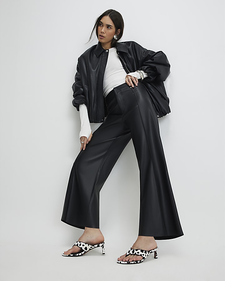 River Island Black Faux Leather Cropped Trousers