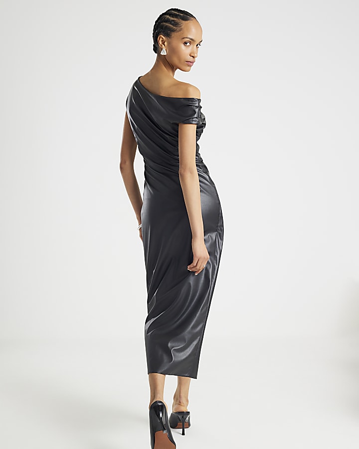 River Island Black Faux Leather Drape Midi Dress