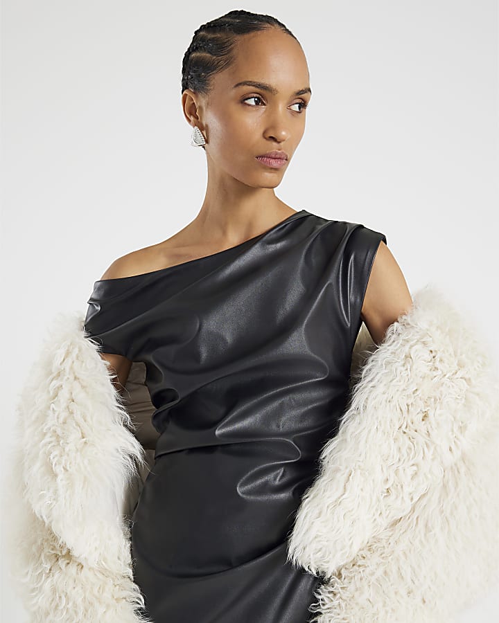 River Island Black Faux Leather Drape Midi Dress