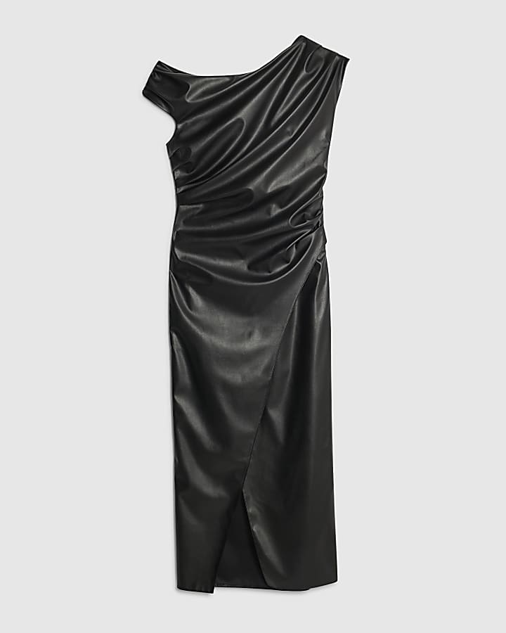 river island Black Faux Leather Drape Midi Dress